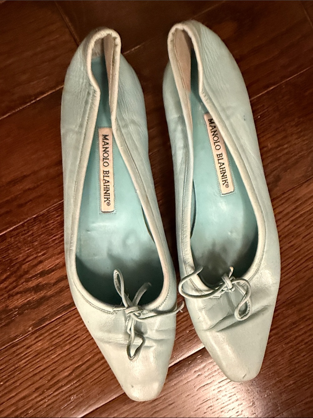 Manolo Blahnik Pale Blue Leather Bow Ballet Flats